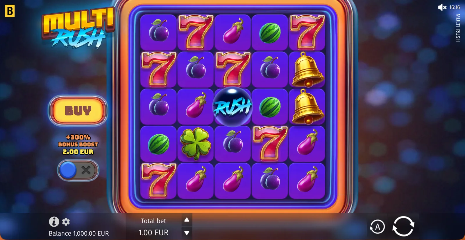 Multi Rush base grid with fruit, bells, sevens and a Rush symbol