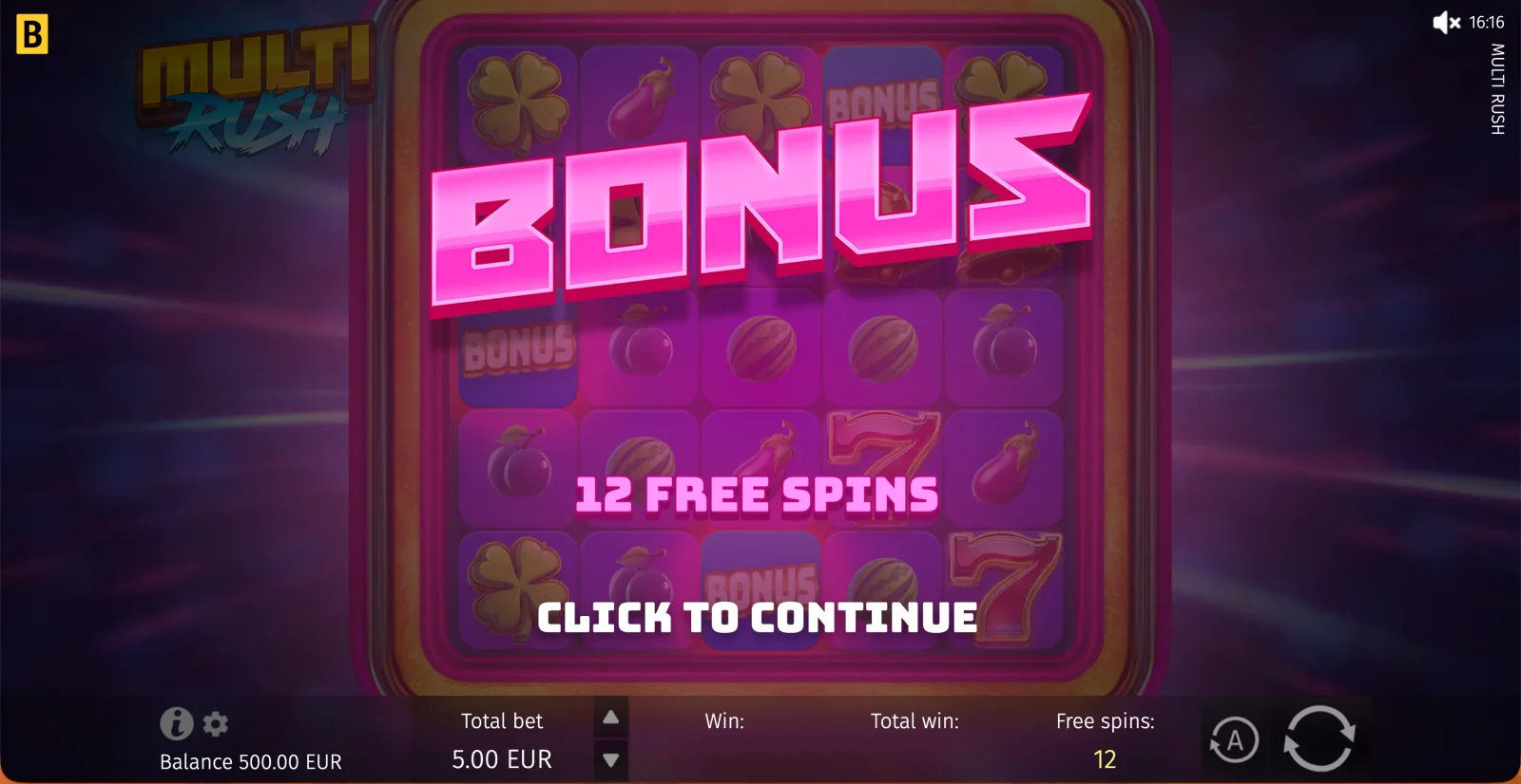 Multi Rush Bonus intro awarding 12 Free Spins