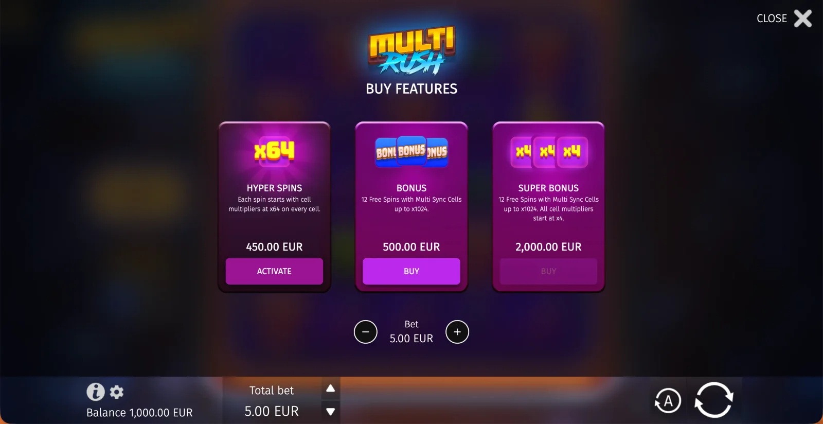 Multi Rush Buy Features menu with Hyper Spins, Bonus and Super Bonus