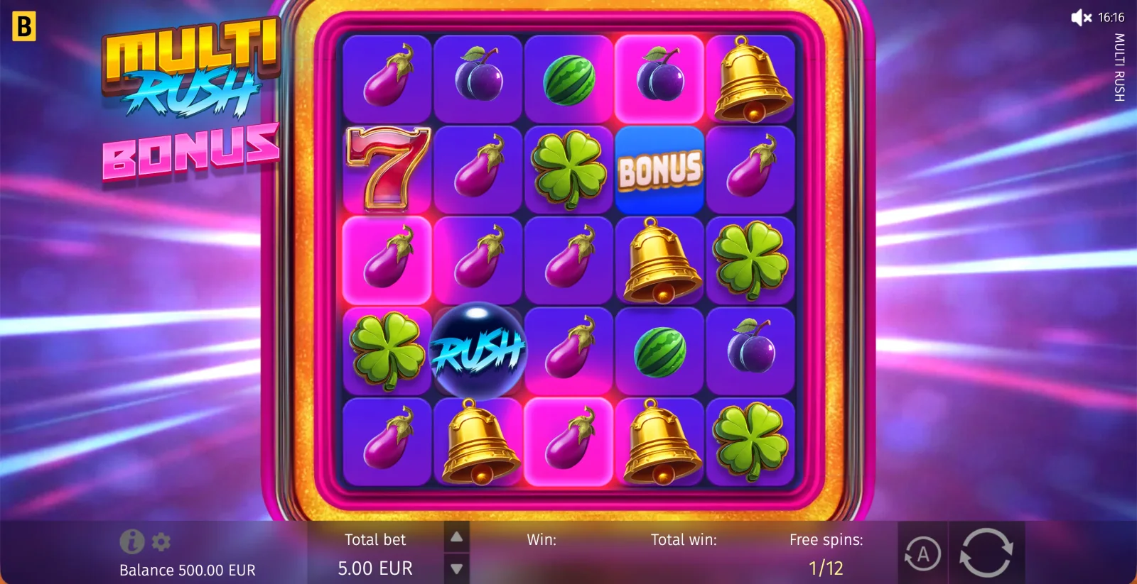 Multi Rush bonus grid with glowing cells, fruit and Bonus symbols