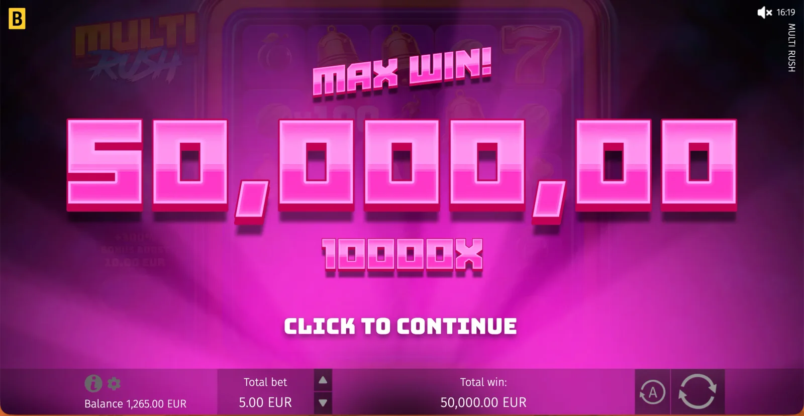 Multi Rush Max Win screen showing the x10000 result
