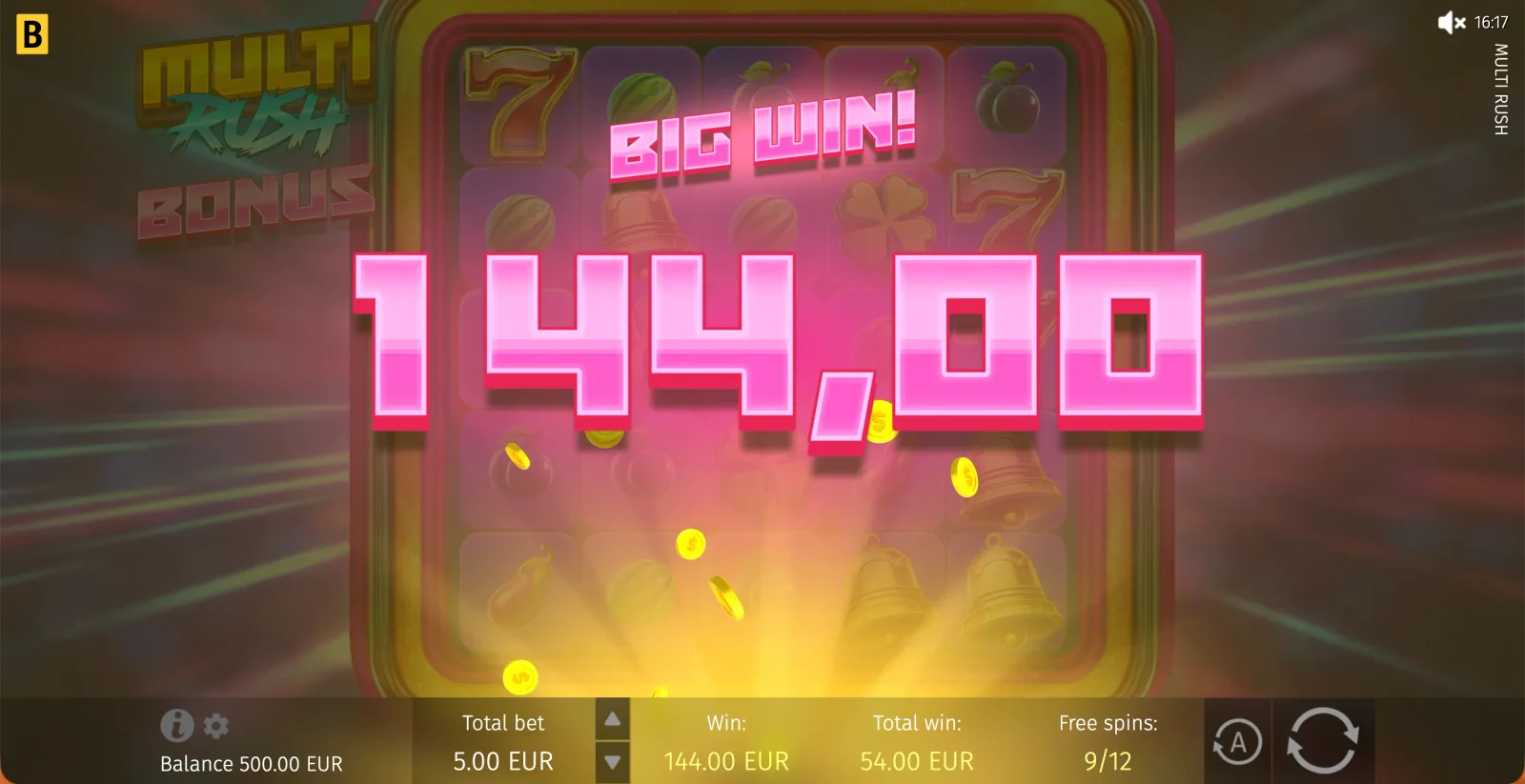 Multi Rush Big Win display over the neon cluster grid